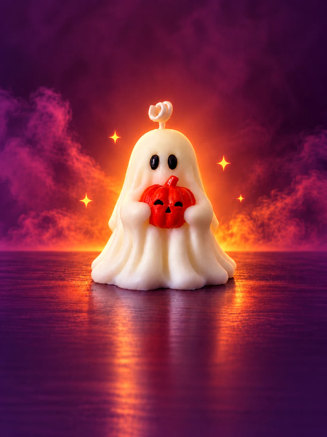 Vela Fantasma Halloween Moravi con calabaza roja sobre fondo morado y naranja